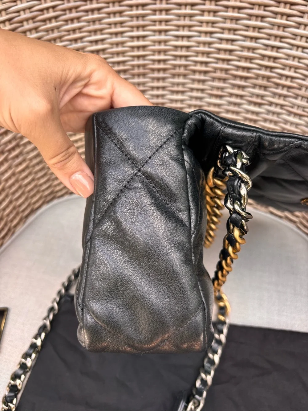 Authentic CHANEL 19 quilted Shiny lambskin gold silver medium crossbody